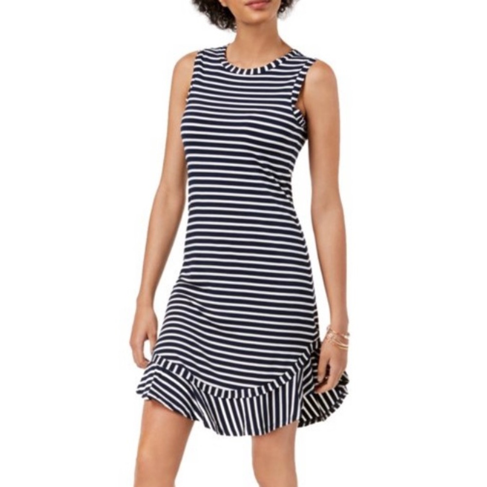 Maison Jules | Navy Blue & White Striped Ruffle Hem Sleeveless Dress *NWT*